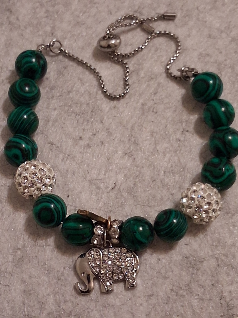 Green Malachite-Style Bead Bracelet with Sparkling Elephant Charm